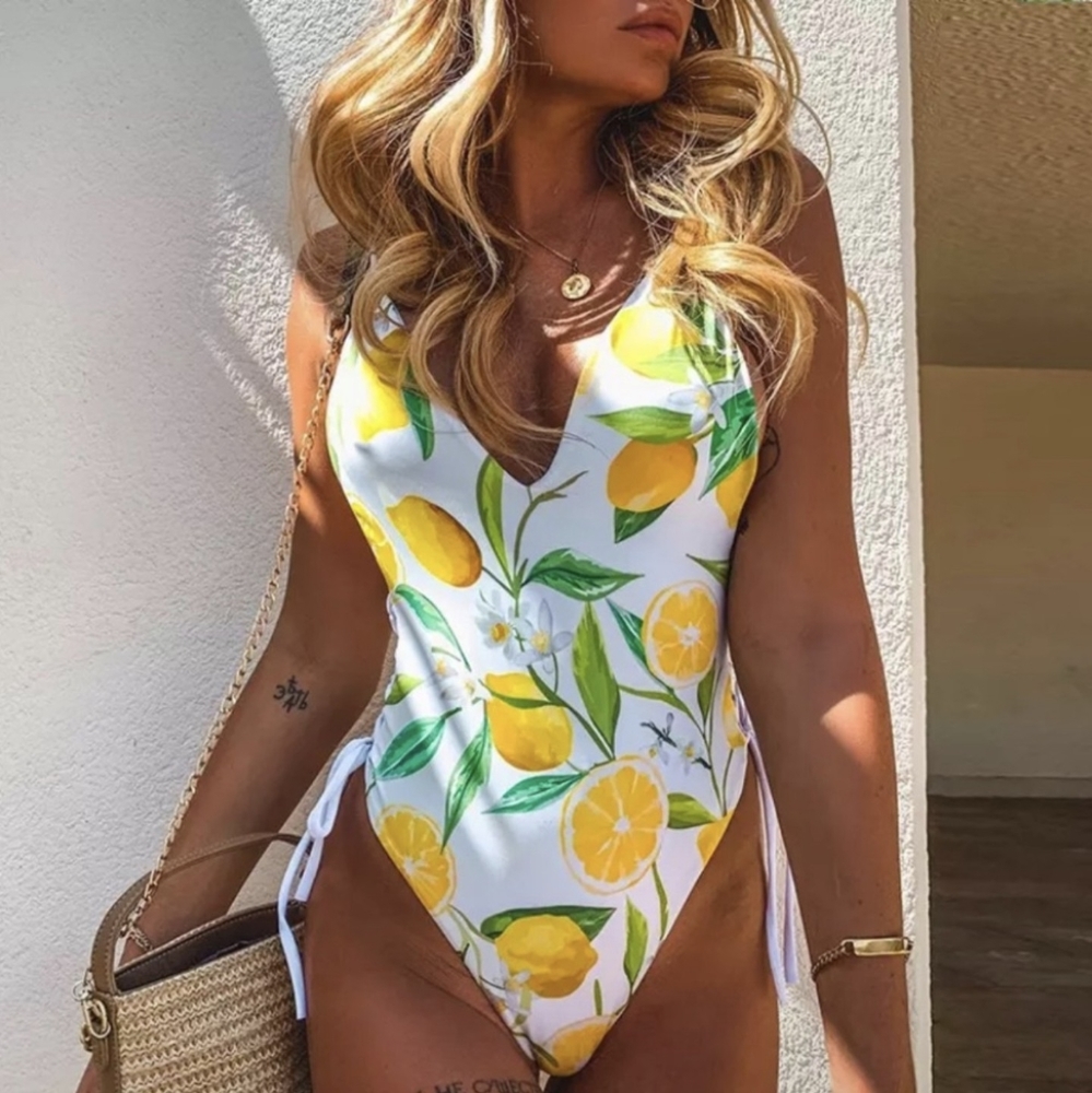 Lemon Printed Sexy Side Lace Up One Piece Swimsuit Size Large